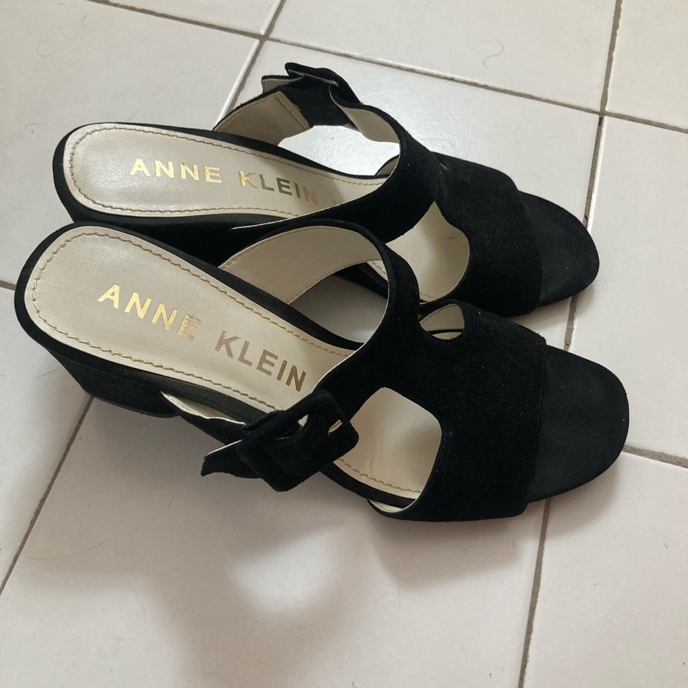 Anne Klein Black Suede Slip-On Wedge Heels